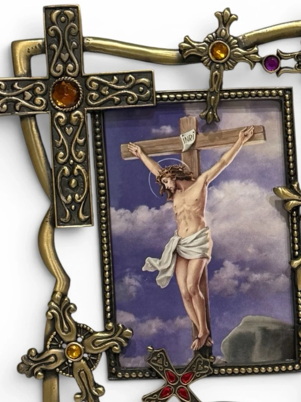 Vintage Decorative Bronze Cross Frame – Ornate Crosses & Gem Accents
